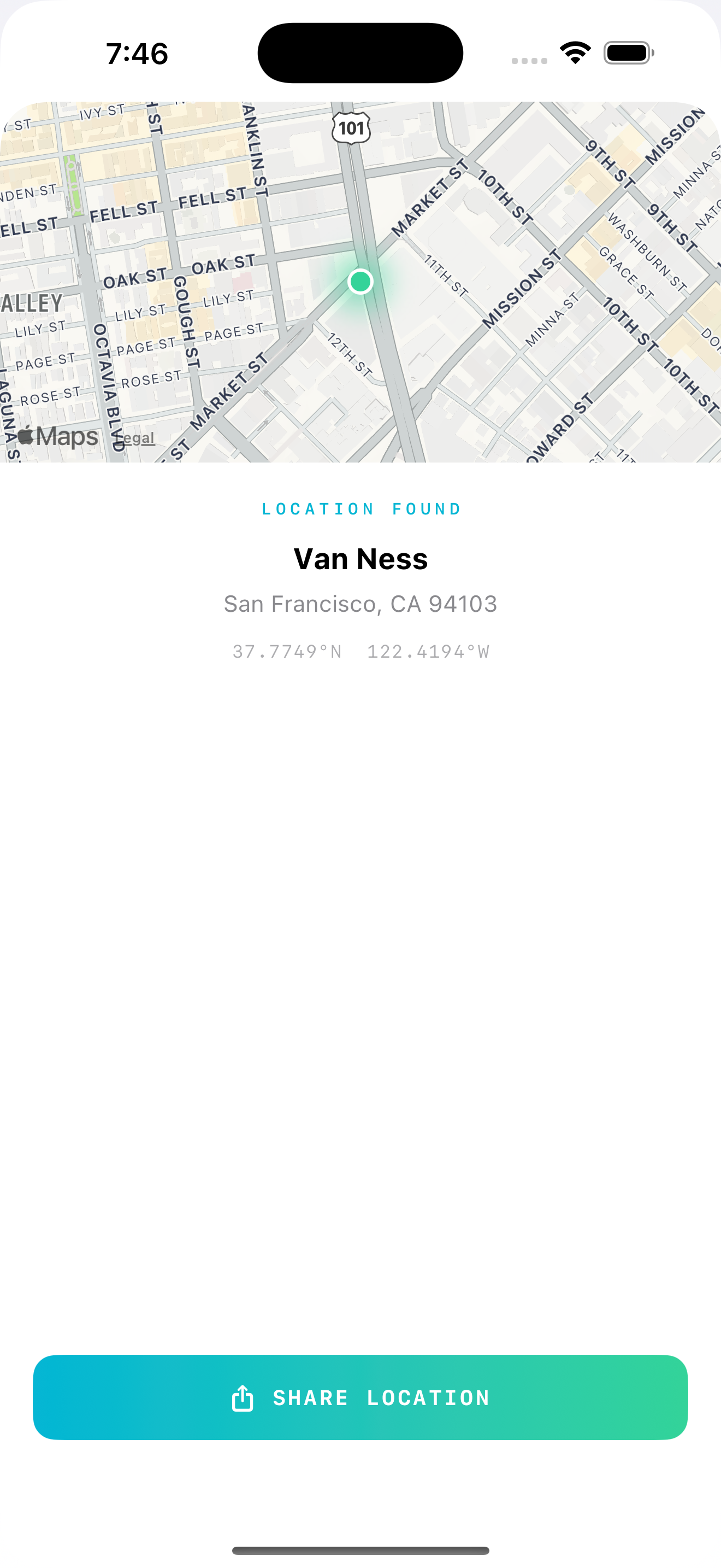 One Tap Location screenshot showing location found with map preview